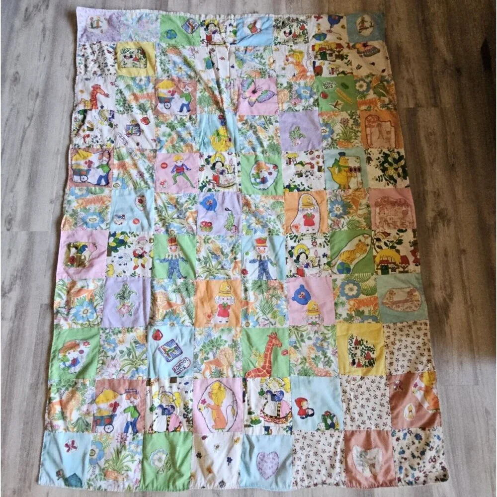 Vtg Handmade Blanket Boho Quilt Colorful Coverlet 62x83 70s 80s Fairy Tales